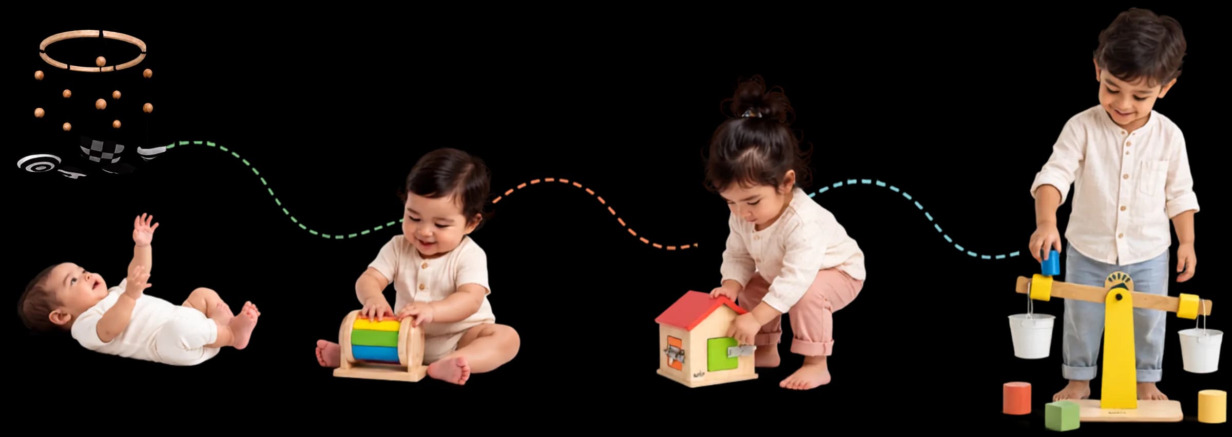 Four children at play: a newborn beneath a mobile, a one-year-old with a rainbow spinner, a two-year-old opening a lock box and a three-year-old using a weighing scale