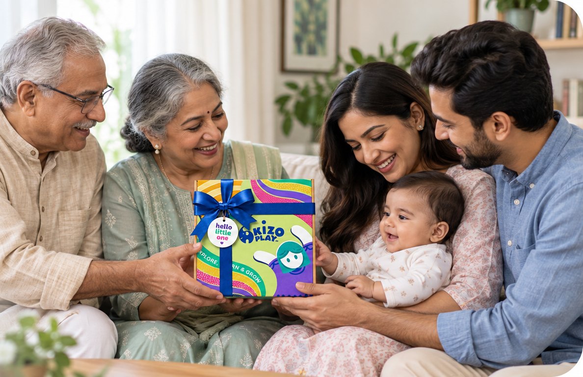 A family gives a KizoPlay gift box to a smiling baby.